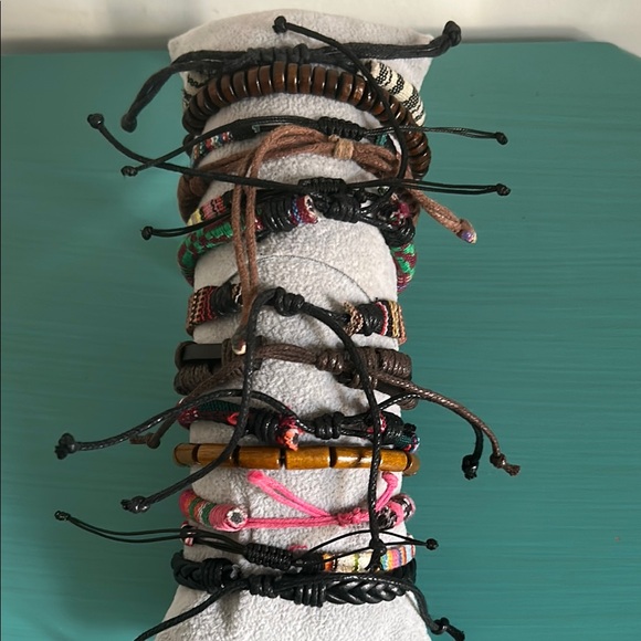 Vibrant Multicolor Wood Bead Woven Vegan Leather Bohemian Bracelets 13 Piece Set - Picture 2 of 4